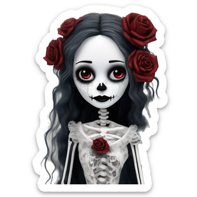 hyper realism, full height skeleton, tim burton "corpse bride", thin porcelain doll with a cracked face, goth makeup watery eyes, long hair, lace and ruffles, lolita style, inked, black and white, red roses sticker