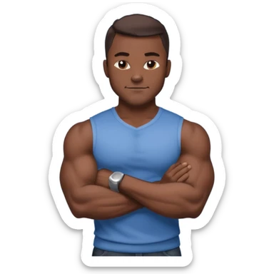 Adult male, dark skin, muscular build, confident smirk, arms crossed, sleek modern casual clothing, assertive pose, strong silhouette, bold shading. sticker