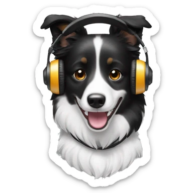 Short hair border collie black and white fur smiling and wearing headphones sticker