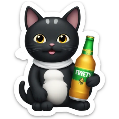 Black cat with white spots holding a beer sticker