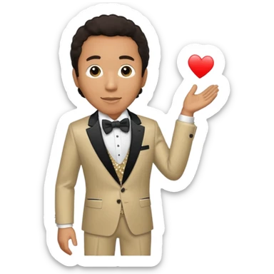 Smokey Robinson with dark brown hair, beige sequin suit with bow tie sticker