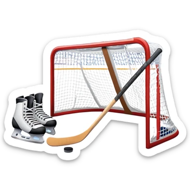 Please, make An icon showing a close-up of a hockey stick, puck, skates, and hockey net placed on the ice. The background features a packed stadium with bright lights, cheering fans, and snowy scenery outside. Transparent background highlights the key elements of the game. sticker