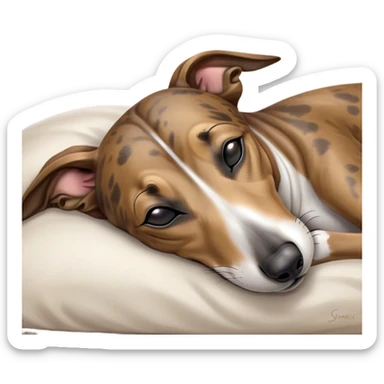 Meme-Worthy Cute Sleeping Brindle Greyhound Portrait Emoji, Head resting peacefully with a contented smile, showcasing a slender build and a luxuriously smooth brindle Fur, eyes shut in a serene nap, Simplified yet hilariously adorable features, highly detailed, glowing with a soft, drowsy light, high shine, relaxed and utterly lovable, stylized with an air of playful laziness, bright and heartwarming, soft glowing outline, capturing the essence of a comically sleepy racer, so meme-worthy it feels like it could instantly become the next viral sensation of adorable slumber! sticker