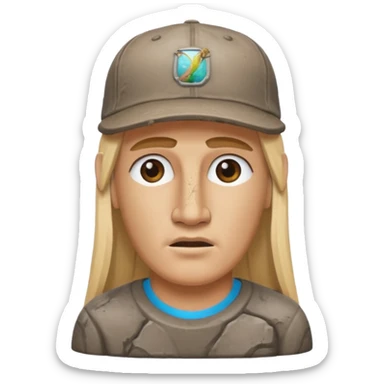 Easter island head rock with long blonde hair and a backwards baseball cap sticker