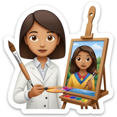 Artist with a paintbrush in front of an easel with a painting sticker