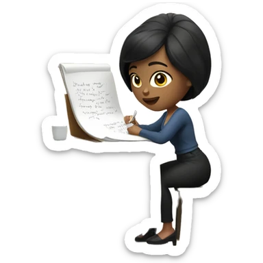 white skin woman with short black hair writing  a notebook on a wooden desk sticker