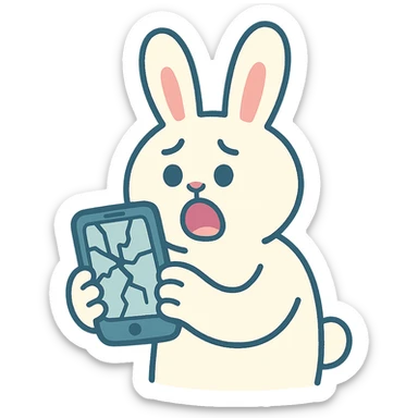 white bunny holding cracked phone with shocked face, pastel-toon style sticker