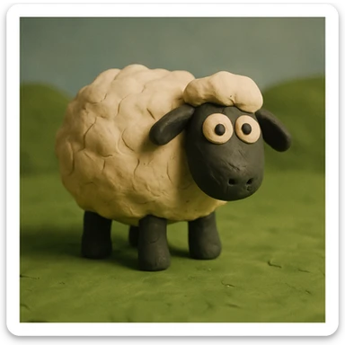 fluffy sheep standing on green grass, visible fingerprints, matte plasticine look, claymation style sticker