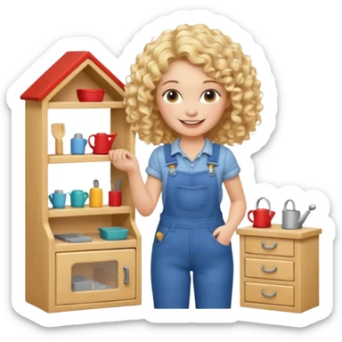 smiling blonde curly woman arranging furniture in doll house with overalls sticker