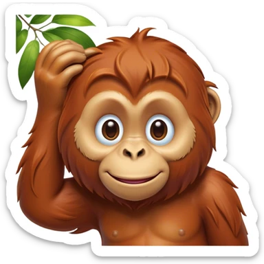 Cinematic Cute Orangutan Portrait Emoji, Head tilted playfully and inquisitively, with a gentle, expressive face accented by soft, flowing fur and round, sparkling eyes brimming with warmth, Simplified yet irresistibly adorable features, highly detailed, glowing with a warm, friendly glow, high shine, affectionate and lively, stylized with a touch of jungle whimsy, bright and endearing, soft glowing outline, capturing the essence of a mischievous yet loving orangutan that seems as if it could swing out of the screen into your arms! sticker