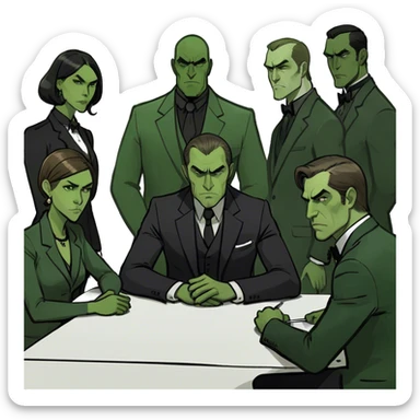 6 Caucasian people sitting around a table looking unhappy sticker