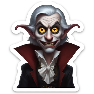 Warcraft vampire lunatic in Uncle Scrooge style, oil paint, mysterious eyes, intricate lips, masterpiece pose, odd perspective, beautiful, desirable, logical sticker