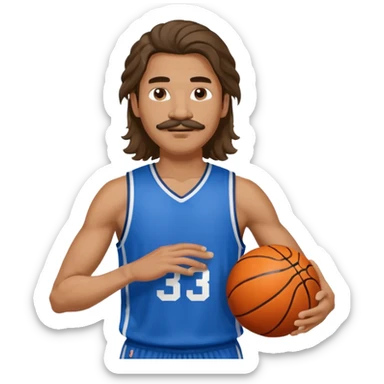 long haired man basketball player blue jersey with mustache holding basket ball sticker