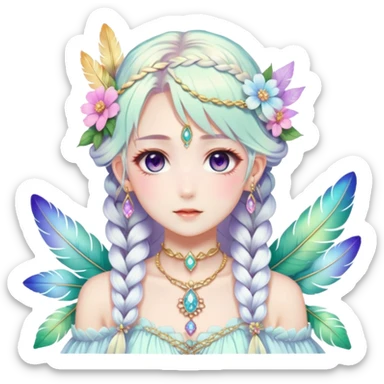 Beautiful gorgeous anime lady with beautiful iridescent-white-braided-hair, fashion aesthetic, ethereal, fairycore, pastelcore, feathers, flowers, gems, accessories, jewelries, gold, colorful sticker