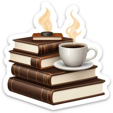 stack of books with coffee on top sticker