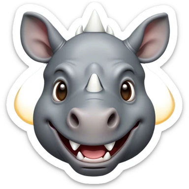 Cinematic Comical Rhinoceros Portrait Emoji, Head tilted dramatically with an exaggeratedly amused expression, featuring a striking, glossy slate-gray hide with a boldly textured white horn, wide, expressive eyes filled with playful disbelief, Simplified yet hilariously expressive features, highly detailed, glowing with a slightly sassy glow, high shine, dramatic yet playful, stylized with an air of cheeky wild mischief, bright and endearing, soft glowing outline, capturing the essence of a spirited and over-the-top rhinoceros, so meme-worthy it feels like it could charge its way into internet fame instantly! sticker