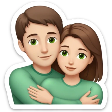 white couple with brown hair, man has short hair and brown eyes. woman has long hair and green eyes .they’re hugging each other  sticker