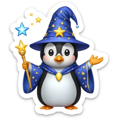 penguin wizard casting a sparkling spell wearing a starry robe and hat, emoji style sticker