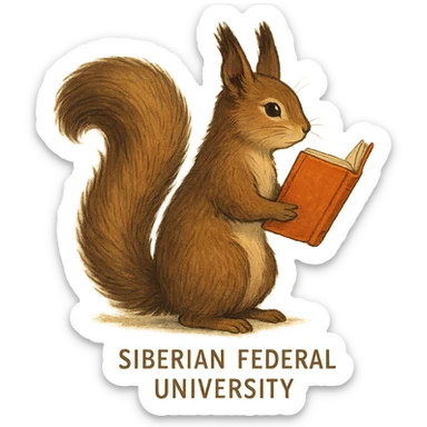 A cute brown squirrel with an orange book, studying at Siberian Federal University, back view, full body, detailed fur, intelligent and beautiful sticker