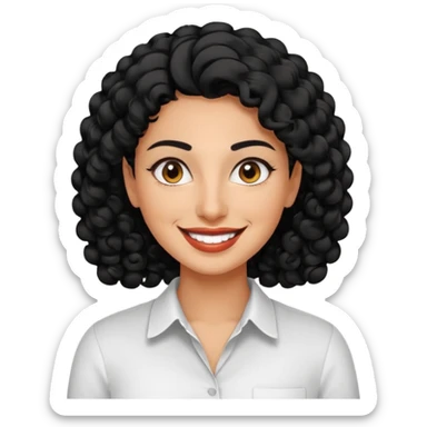 30 year old iranian woman very short curly black hair, big brown eyes, tanned skin, big smile, white teeth, pretty, stylish, shorter hair, man length hair sticker