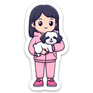 Beautiful girl with long straight black hair, fair skin, wearing pink clothes, holding a pure white fluffy Maltese dog sticker