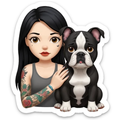 girl with long black  straight  hair and tattoos and a Black haired bulldog sticker