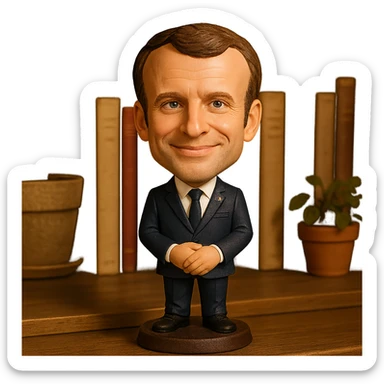 bobblehead style figure of Emmanuel Macron, French president, suit and tie, oversized head, confident smile sticker