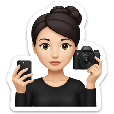 48 year old woman photographer with dark hair in a bun, wearing black clothes sticker