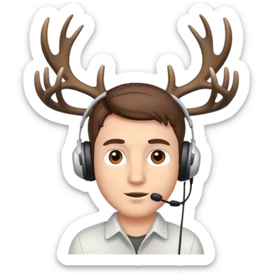 White Guy works at computer with deers antlers, brown eyes  sticker