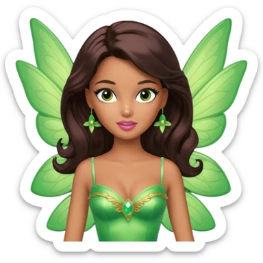 Pretty thick Barbie girl with caramel skin. Dark brown hair and brown eyes. She has freckles. Wearing sexy makeup. Wearing a green fairy costume and heels and flying sticker