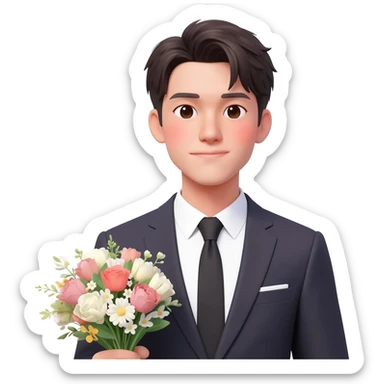 Gorgeous romantic anime style Asian formal modern gentlemanly guy with flowers and blushing face aesthetic trending style outside with colorful gradient colors  pastelcore cottagecore kawaiicore sticker
