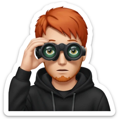 A red-haired man in a black hoodie looks through binoculars. sticker