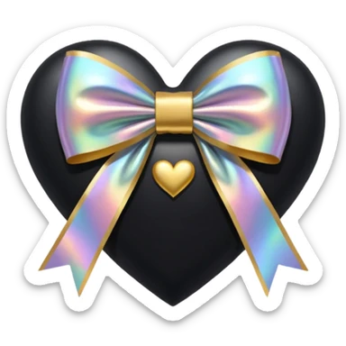 holographic black heart with a gold bow and heart pattern on the bow sticker