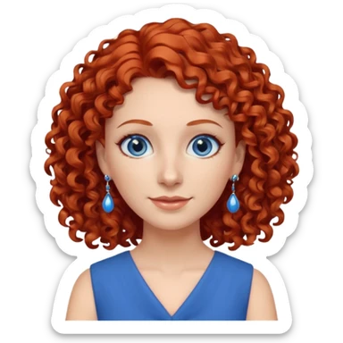 una profesora simpática con el pelo rojo rizado, ojos azules, vestido azul y pendientes azules sticker