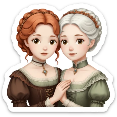 Two modest Victorian women hugging, one with white hair and one with copper hair, wearing Victorian era dresses sticker