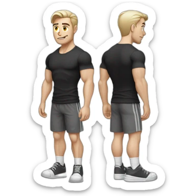 Confused Pale skinned Fit Man With the biceps and dark brown hair in black shirt, gray sports shorts and white Sneakers sticker