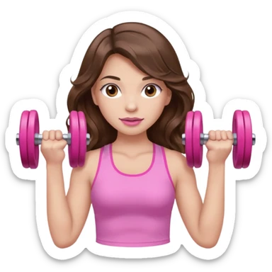 girl with wavy long brown hair, brown eyes, light to medium complexion, long lashes, light pink lipstick, wearing light pink shirt, lifting pink dumbbells in a sports top sticker