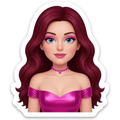 Chappell Roan, Pop Singer (b.1998) with blue eyes, pink makeup, long dark red wavy hair, hot pink metallic sweetheart off shoulder dress, pink necklace and short earrings sticker
