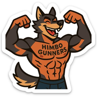 very muscular, handsome wolf furry, shirtless, with 'Himbo Gunners' tattooed on chest, flexing pose, energetic, playful, and attractive sticker