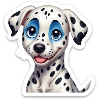 Cinematic Comical Spotted Dalmatian Portrait Emoji, Head tilted dramatically with an exaggeratedly shocked or amused expression, featuring a striking Fur of predominantly white with vivid black patches, wide, expressive blue eyes filled with playful disbelief, Simplified yet hilariously expressive features, highly detailed, glowing with a slightly sassy glow, high shine, dramatic yet playful, stylized with an air of cheeky charm, bright and endearing, soft glowing outline, capturing the essence of a spirited and over-the-top guardian, so meme-worthy it feels like it could side-eye its way into internet fame instantly! sticker