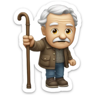 Old man leaning on a walking cane and holding his crancky back with his hand, grumpy face, detailed sticker