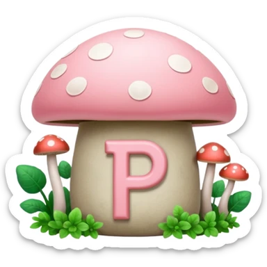 Pale Pink and green cute bank, mushrooms growing around it , clean aesthetic, two P letters on it sticker
