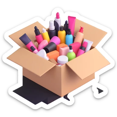 an opened box with assorted beauty items sticker