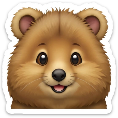 cinematic-realistic quokka-emoji,-small-round-frame, head tilted in an endearing manner, comical smile, round cheeks, giant-fluffy-cheeks-large-smile-fluffy-brown-fur-radiating-a-warm-softness,-big-round-eyes-filled-with-joy, realistic round  fluffy zoomed in, large black eyes sticker