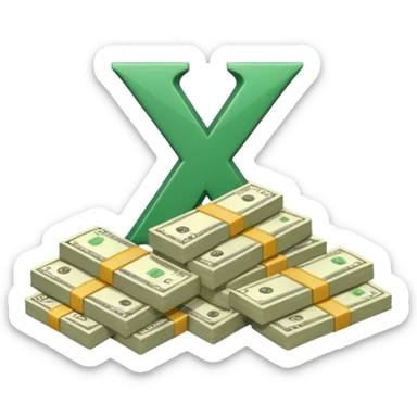 cash pile, make bills rectangular, next to a "10x" factor, looking like 10x CASH PILE, the number 10 and letter x, precede the cash pile sticker