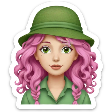 pink haired very long curly haired woman with full full face green clay mask and a hat sticker