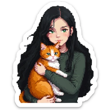 Beautiful girl with long black hair hugs a ginger cat sticker