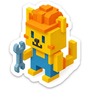 worker cat with orange construction hat holding a wrench in voxel style sticker