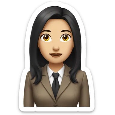 Female defense attorney with long black hair with brown suit sticker