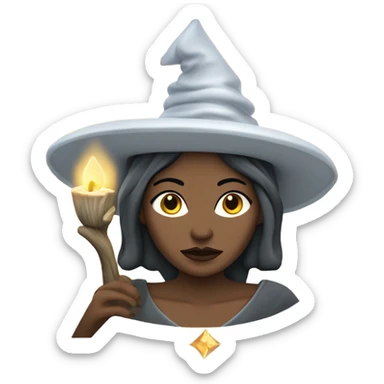 Una bruja de piel Clara que tenga un manto gris rodeada de una luna llena velas cristales y elementos de sahúmo ￼ sticker